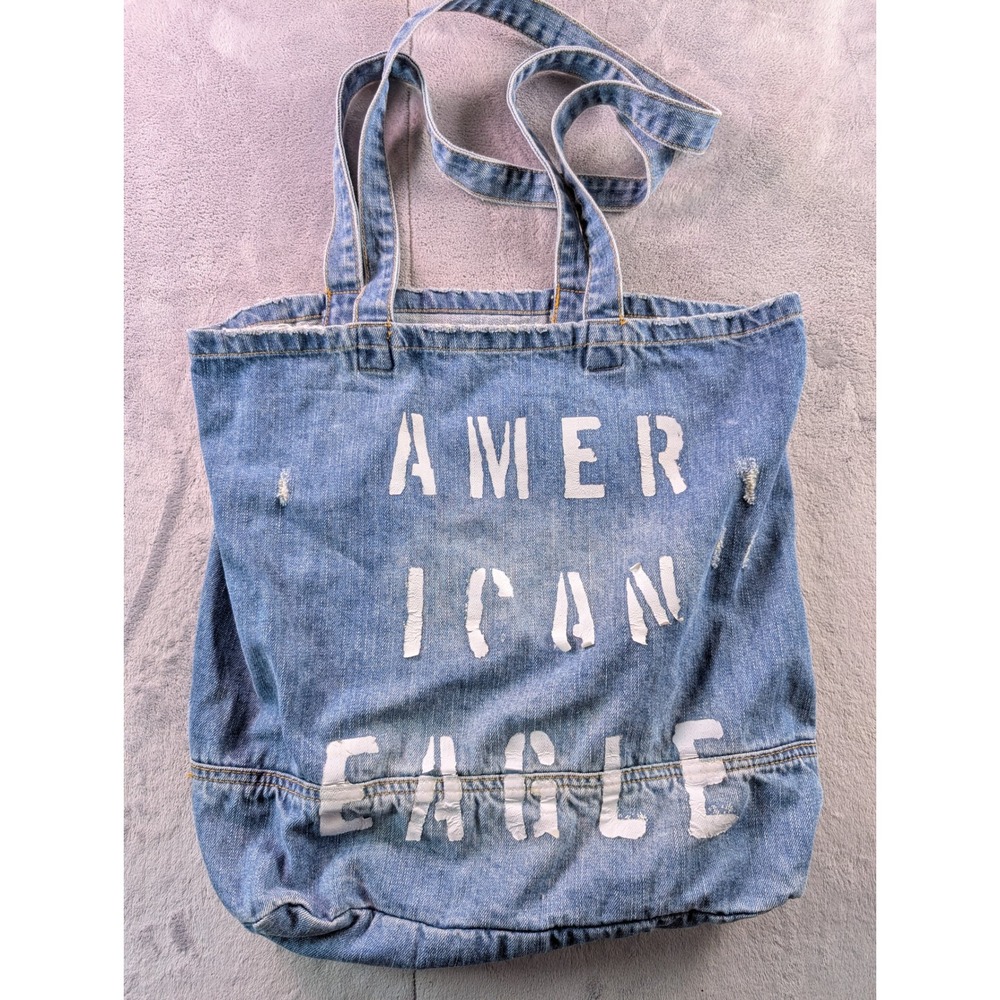 American Eagle Outfitters Distressed Denim Tote Bag Blue Graphic Print Pocket